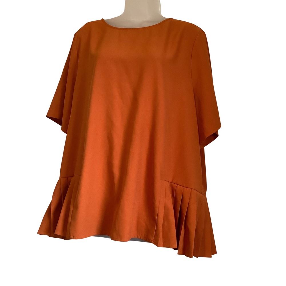 Eloquii Burnt Orange Pleated Peplum Blouse Womens 24 Short Sleeve Keyhole Back